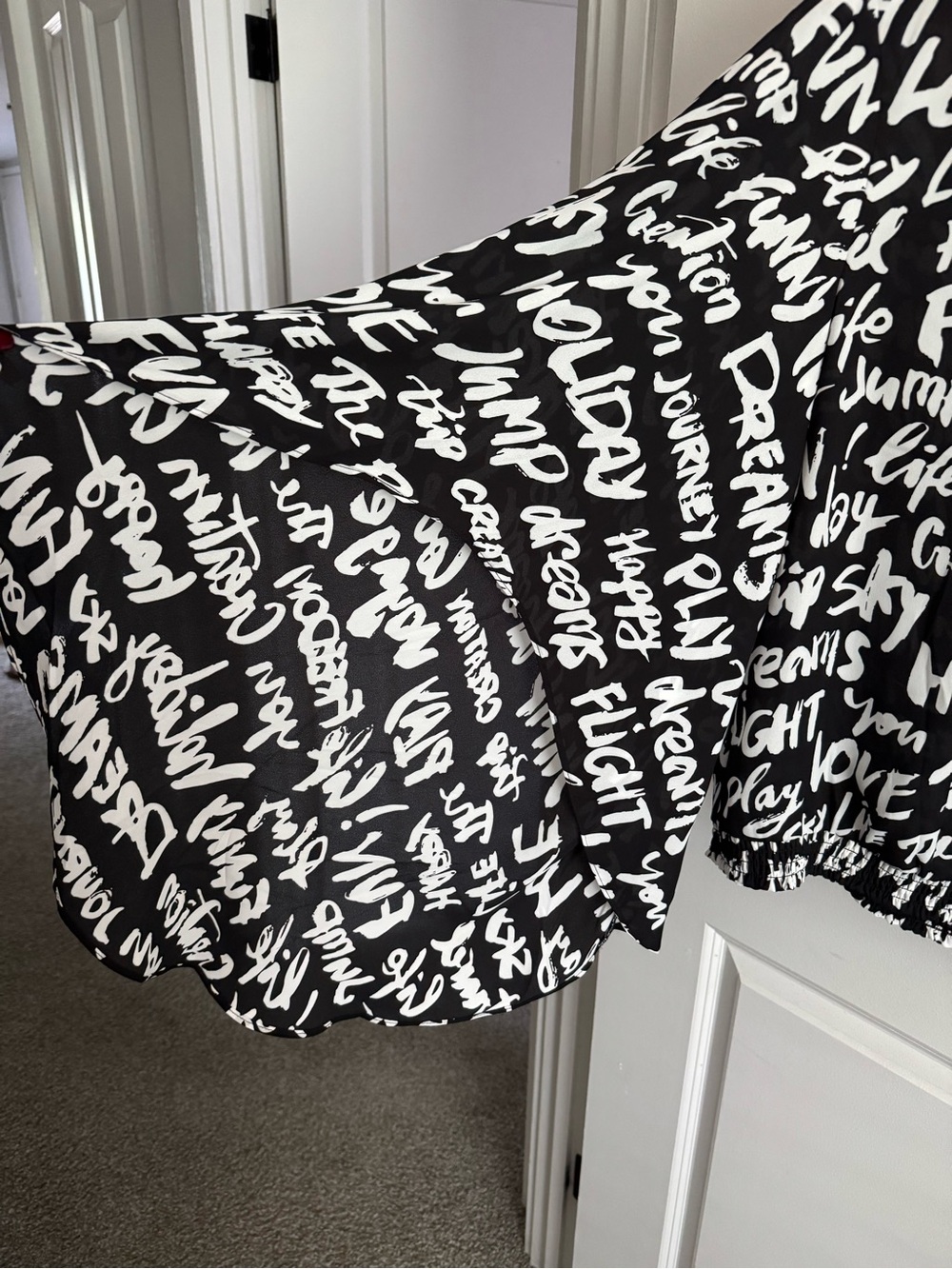 New York & Company Black and White Script-Print Long-Sleeve Top - Picture 2 of 3